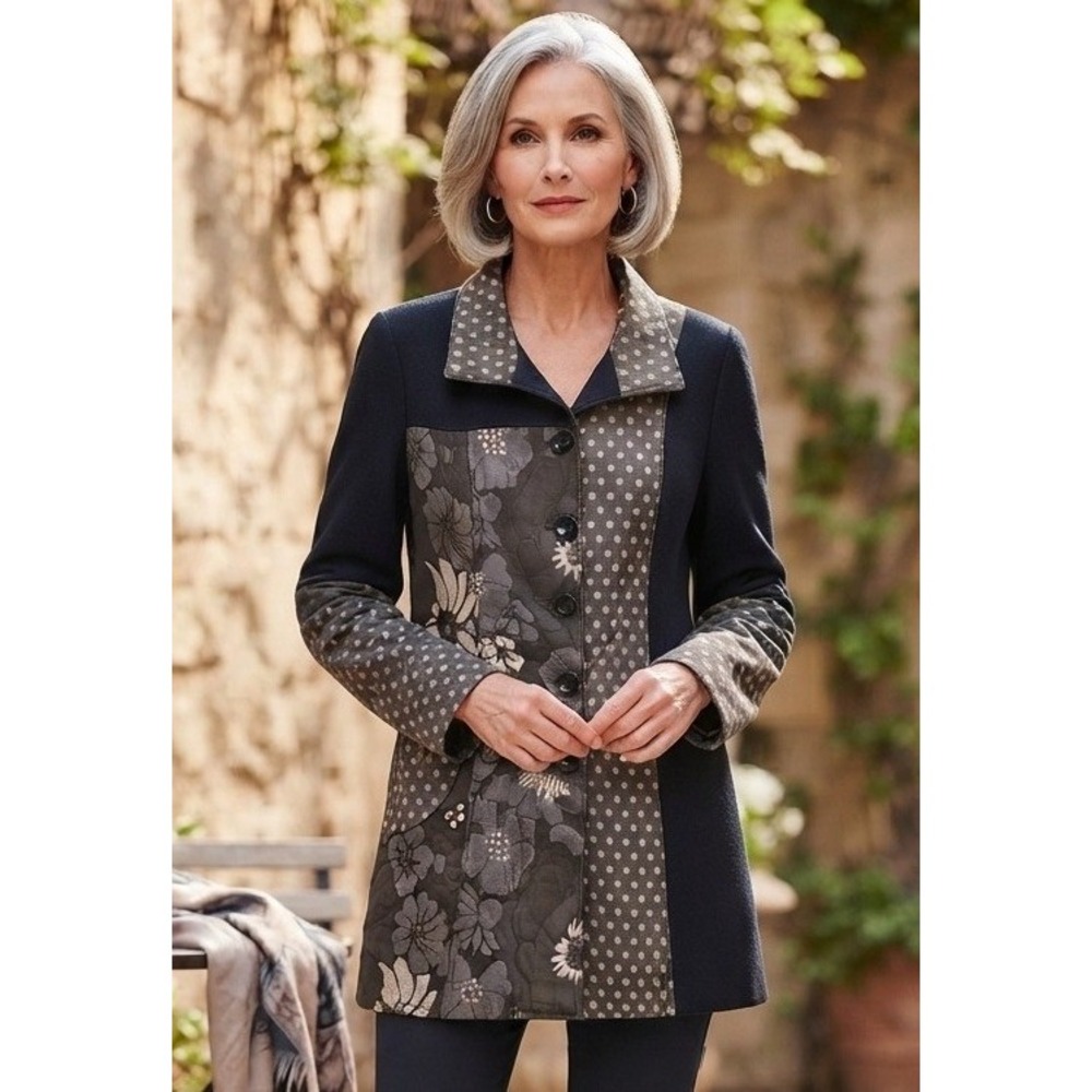 Weavz Patchwork Floral Polka Dot Overcoat Jacket Women's XL Black Travel Outdoor
